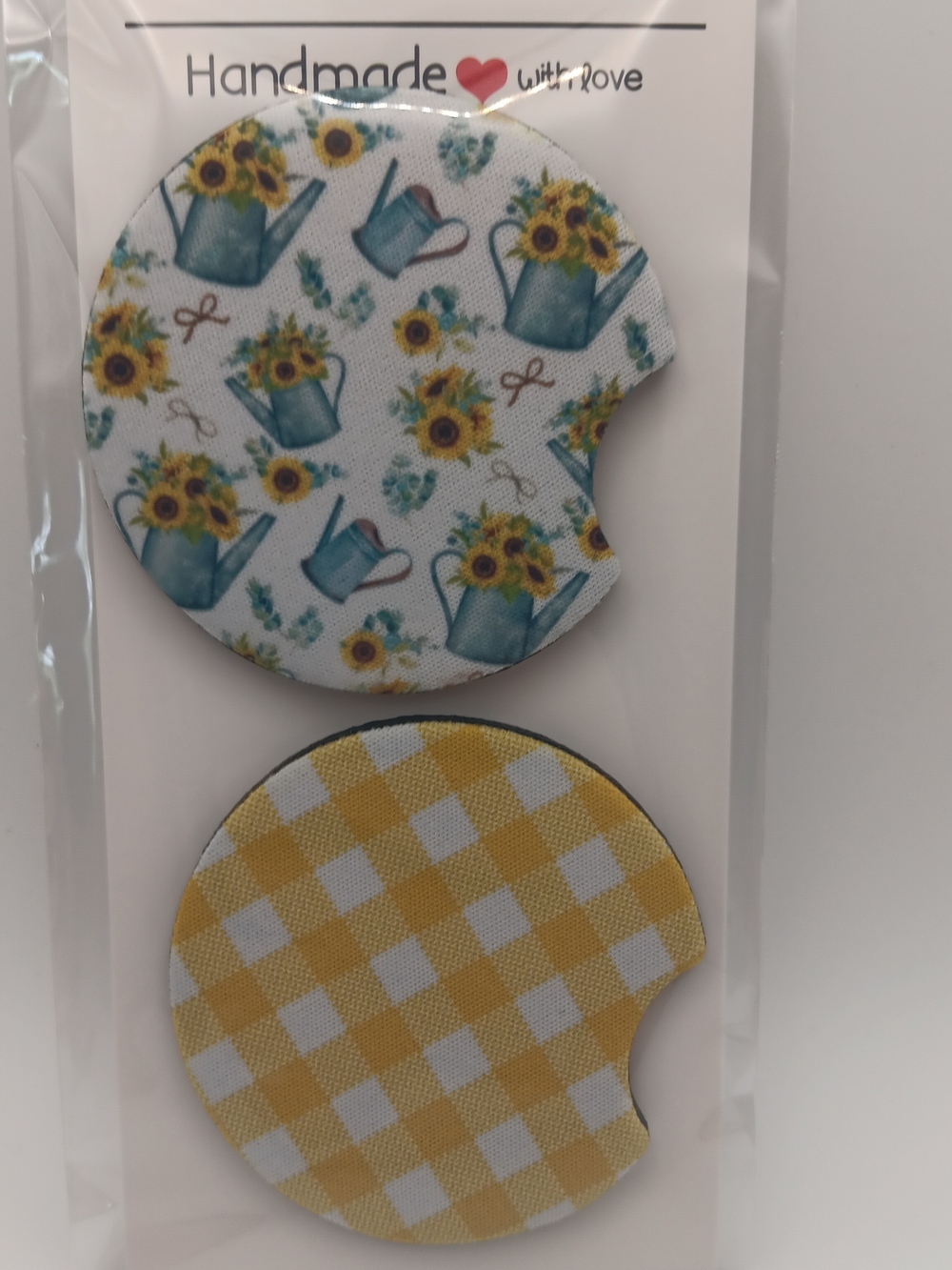 Sunflower Watering Can & Yellow Gingham Car Coasters